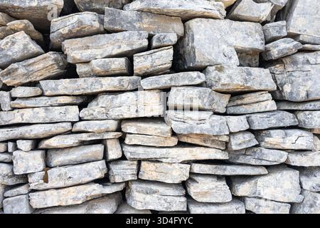 Aus nächster Nähe eine gestapelte graue Steinmauer aus unregelmäßig geformten Felsen. Natürliche Textur und robuste Verarbeitung vermitteln rustikalen Charme, Langlebigkeit und ein Stockfoto