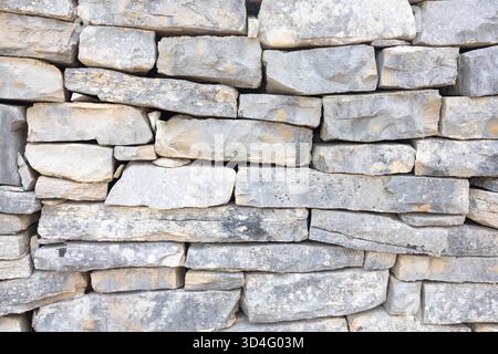Aus nächster Nähe eine gestapelte graue Steinmauer aus unregelmäßig geformten Felsen. Natürliche Textur und robuste Verarbeitung vermitteln rustikalen Charme, Langlebigkeit und ein Stockfoto