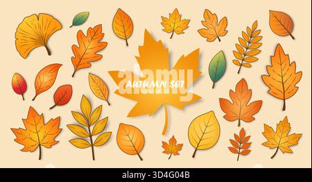 Eine Reihe von Herbstblättern isoliert auf einem beigefarbenen Hintergrund. Hallo Herbst. Stock Vektor