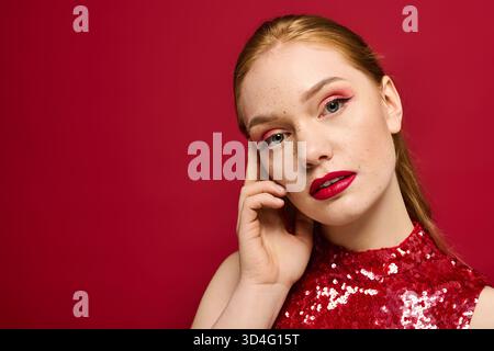 Eine schöne junge Frau posiert elegant mit auffälligem Make-up und funkelnden Details. Stockfoto