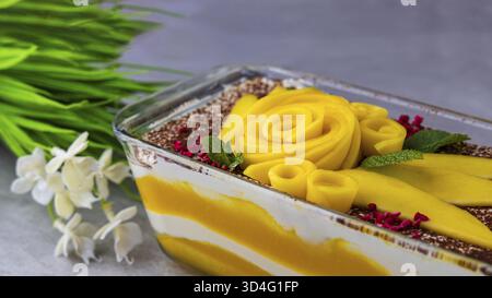 Essen, Gourmet Mango Tiramisu mit Mascarponenkäse und Savoiardi Kekse. Köstliches Dessert Stockfoto