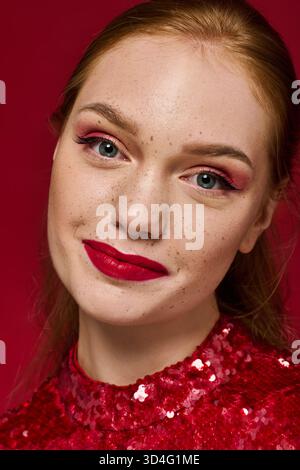 Eine junge Frau mit roten Lippen und auffälligen Schminkbalken mit Glück in einem hellen Hintergrund. Stockfoto