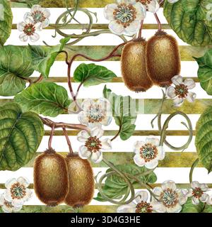 Weiße Blumen, grüne Blätter, Zweige und ein brauner Kiwi. Nahtloses Muster auf weißem Hintergrund mit grünen Verlaufsstreifen. Botanische Vorlage für HO Stockfoto