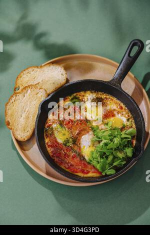Essen, traditionelle Shakshuka mit pochierten Eiern in Tomatensoße, serviert in gusseiserner Pfanne, begleitet von Brotscheiben Stockfoto