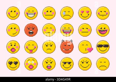 Pixel Art Emojis Festgelegt. Isolierter Retro-Clip Art.. Stock Vektor