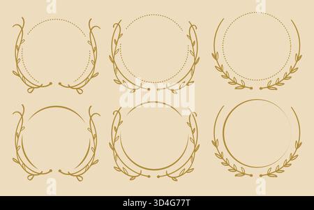 Vintage Nature Botanical Circle Border Gold Collection Handgezeichnete Lorbeerkranz Kollektion. Vektorabbildung Stock Vektor