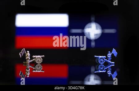 Konzeptuelles Bild des Krieges zwischen Russland und der NATO mit Spielzeugsoldaten und Nationalflaggen auf einem reflektierenden Hintergrund Stockfoto