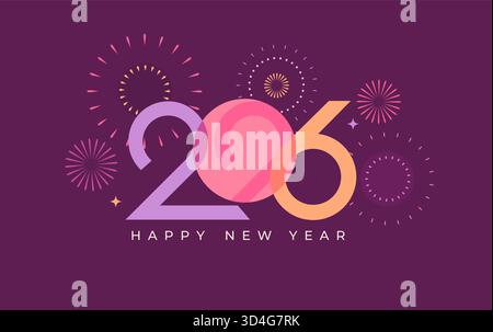 Wir Feiern Neujahr 2026. Helle, elegante, minimalistische Karte für Happy Event mit abstraktem Feuerwerk und Zahlen. Vorlage für Banner, Poster, Flyer, Web, Begrüßung und Einladungen. Vektorabbildung Stock Vektor