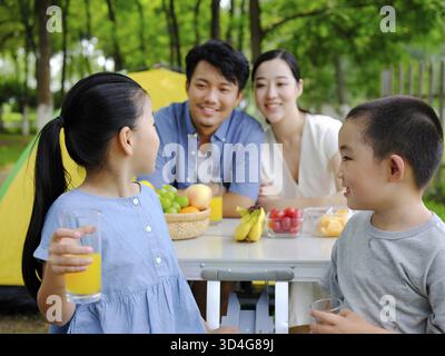 Glückliche Familie von vier Outdoor-Ausflug trinken Saft Stockfoto