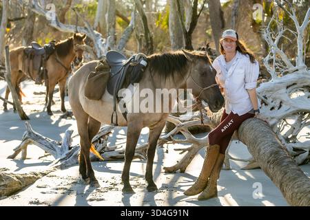 Reiten auf Marsh Tacky Horses auf Daufuskie Island. Stockfoto