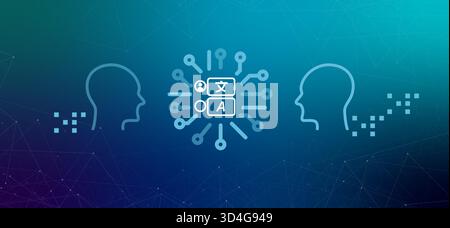 Sprache-zu-Sprache-Übersetzung Illustration Verlauf Hintergrund Symbole Mensch verbunden mit Sprache Echtzeit Audio-Übersetzung und futuristisch Stock Vektor