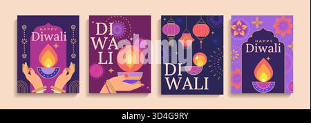 Elegante Diwali Flyer mit Symbolen für Urlaub, Mandala, Hände mit Kerze und Feuer, Laternen, Feuerwerk, Blumen. Indisches Lichterfest. Vorlagendesign Stock Vektor