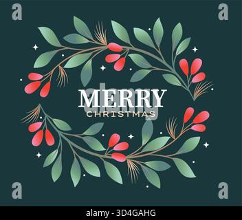 Weihnachtskarte mit Mistel, roten Beeren und Wishing Happy Holiday. Traditionelle Weihnachtsdekoration. Vorlagendesign für Web, Begrüßungen, Poster, Banner, soziale Medien, Verkauf. Vektorabbildung Stock Vektor