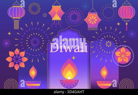 Glückliche Diwali-Grußkarte, Festivalbanner mit Symbolen des Feiertags-Mandalas, Kerze mit Feuer, Laternen, Feuerwerk. Schablonendesign mit diya-Lampe für Web, soziale Medien, Poster. Vektorabbildung Stock Vektor