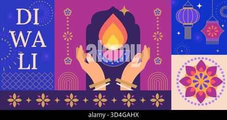 Diwali Festival Banner, Karte mit Symbolen des Feiertags-Mandala, Hände mit Kerze und Feuer, Laternen.Vorlage Design für Web, soziale Medien, Poster.Diwali Festival mit Rangoli Dekoration mit Diya.Vector Stock Vektor