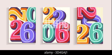 Setzen Sie Zahlen für Neujahr 2026. Große helle 3D-Zahlen für elegantes Banner, Poster, Flyer für Ihre saisonalen Feiertagsgrüße und Einladungen, Glückwunsch Stock Vektor