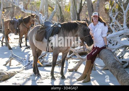 Reiten auf Marsh Tacky Horses auf Daufuskie Island. Stockfoto