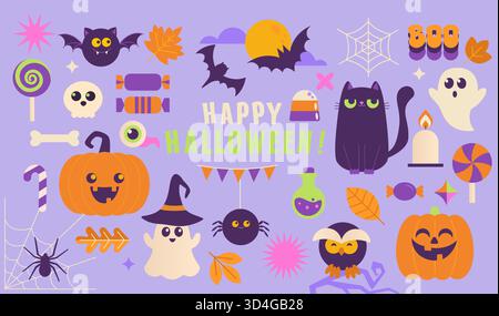 Happy Halloween, Set Symbole von Weihnachtsmonstern Kürbisse, Fledermaus, schwarze Katze, Eulen und Spinnen und Süßigkeiten, Schädel, Knochen, Geist. Halloween Grafik Elements.Vorlage für Web, Flyer, Anzeige, soziale Medien, Promo.Vektor Stock Vektor
