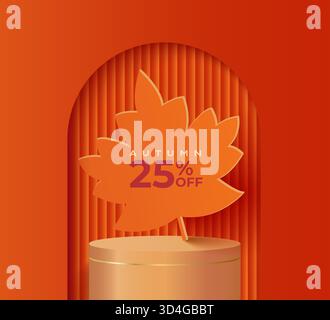 Herbstangebot Banner, 3D goldenes Podium, papercut Bogen, apfelblatt für Anzeige neues Produkt auf Farbverlauf Herbst Hintergrund.Promo, Angebote, Präsentationen, Shopping und Social Media Vorlage, Web, Flyer.Vektor Stock Vektor