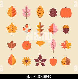 Elegantes Set aus isolierten Herbstblättern und anderen Symbolen der Saison - Kürbis, Apfel, vogelbeeren, Eichel, Sonnenblumen für Ihr Design. Vorlage für Erntefest oder Erntedankfest. Vektor Stock Vektor
