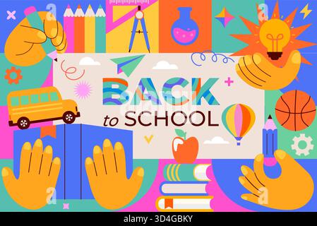Zurück zur Schule geometrischer Hintergrund mit Händen, die Buch, Bleistift, Lampe halten. Schulpapier Elemente, Zubehör für Studium, Sport und Kreativität. Vorlage für Schulausbildung. Vektorabbildung. Stock Vektor