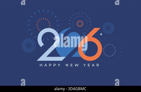 Banner, Poster zum Feiern des Neujahrs 2026. Elegante minimalistische Grußkarte für glückliches Ereignis mit abstraktem Feuerwerk und Zahlen auf blauem Hintergrund. Vorlage für Poster, Flyer, Web.Vektor-Illustration Stock Vektor