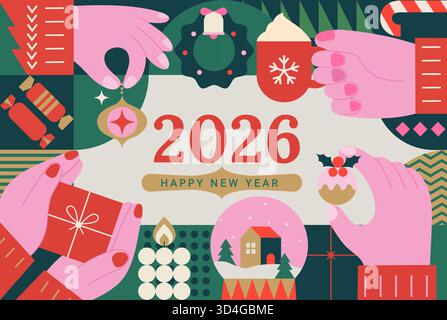 Frohe Weihnachten und Neujahr Grußbanner 2026, Poster, Karte. Trendiges modernes Design Hintergrund mit Weihnachtssymbolen und Händen, die Weihnachtsbaumspielzeug, Geschenk, Heißgetränk halten. Vorlagendesign. Vektor Stock Vektor