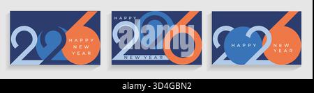 Setzen Sie Grußkarten für die Feier des Neujahrs 2026. Elegante minimalistische Poster, Banner für glückliche Veranstaltung mit großen Zahlen des Neujahrs auf blauem Hintergrund. Vorlage für Design, Flyer, Web.Vektor-Illustration Stock Vektor