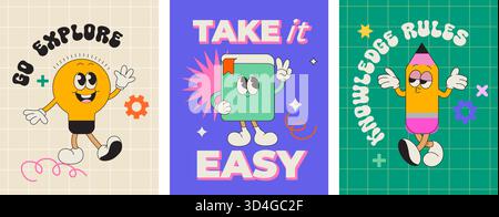 Schulfiguren mit lustigen Schulartikeln mit verschiedenen Emotionen und motivierenden Phrasen. Kawaii glückliche Charaktere von Schulmaterialien - Bleistift, Buch, Birne. Vorlage für Design, Web, Poster, Banner. Vektor Stock Vektor