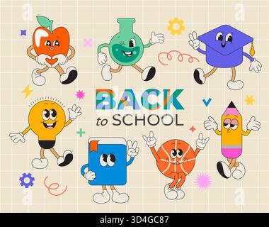 Schulfiguren mit lustigen Schulartikeln mit unterschiedlichen Emotionen und Grußworten für die Rückkehr zur Schule. Kawaii glückliche Charaktere von Schulbedarf - Buch, Ball, Bleistift, Flasche, Birne, apfel. Vektorabbildung. Stock Vektor