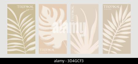 Tropische Abdeckungen, strukturierte tropische Blätter in beigen Farben. Luxuriöse Banner mit exotischen Pflanzen für Dekoration, Druck, Textil, Verpackung, Innenraum. Vorlage botanisches Design für Stoff, Kosmetik, Spa, Parfüm. Stock Vektor