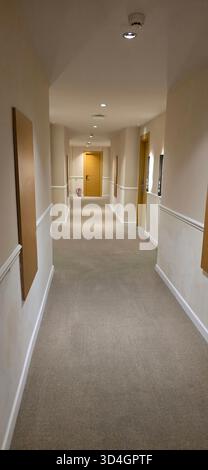 . Langer Korridor in einem Hotel mit Türen auf beiden Seiten und sanfter Beleuchtung, die eine einladende und ruhige Umgebung für Gäste schaffen Stockfoto