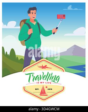 Selfie. Reisende machen Fotos von der wunderschönen Landschaft im Freien mit großen Bergen Original Kunstwerken Stock Vektor