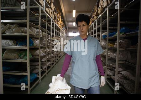 Die forensische Anthropologin Dragana Vucetic von der Internationalen Kommission für Vermisste (ICMP) versucht, die Überreste eines Opfers des Bosnienkrieges 1992–95 in Tuzla, Bosnien und Herzegowina zu identifizieren. Stockfoto