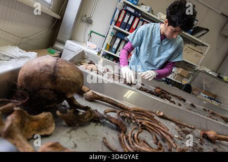 Die forensische Anthropologin Dragana Vucetic von der Internationalen Kommission für Vermisste (ICMP) versucht, die Überreste eines Opfers des Bosnienkrieges 1992–95 in Tuzla, Bosnien und Herzegowina zu identifizieren. Stockfoto