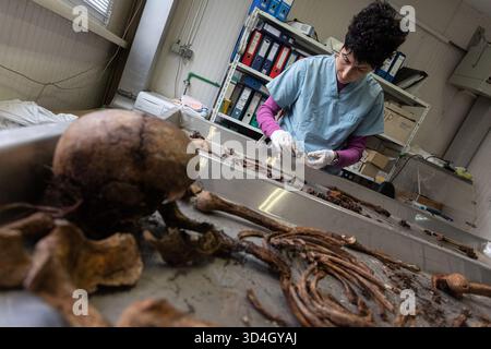 Die forensische Anthropologin Dragana Vucetic von der Internationalen Kommission für Vermisste (ICMP) versucht, die Überreste eines Opfers des Bosnienkrieges 1992–95 in Tuzla, Bosnien und Herzegowina zu identifizieren. Stockfoto