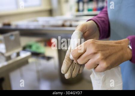 Die forensische Anthropologin Dragana Vucetic von der Internationalen Kommission für Vermisste (ICMP) versucht, die Überreste eines Opfers des Bosnienkrieges 1992–95 in Tuzla, Bosnien und Herzegowina zu identifizieren. Stockfoto