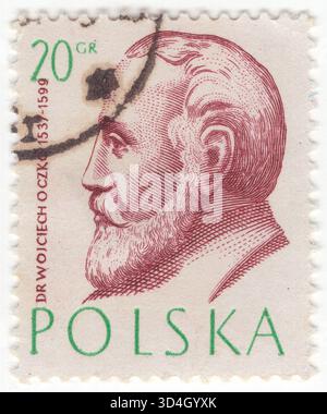 POLEN — 27. April 1957: 20 grosz Smaragd- und dunkelrot-Briefmarke mit Porträt des Doktors Wojciech Oczko (auch bekannt als Ocellus) (1537, Warschau – 26. Dezember 1599 Lublin) – Philosoph, Arzt, königlicher Sekretär von König Sigismund II. Augustus und Hofarzt der Könige Sigismund II. Augustus, Stephan Báthory und Sigismund III. Vasa. Als einer der Gründer der polnischen Medizin war er ein medizinischer Schriftsteller, der Syphilis und heiße Quellen studierte Stockfoto