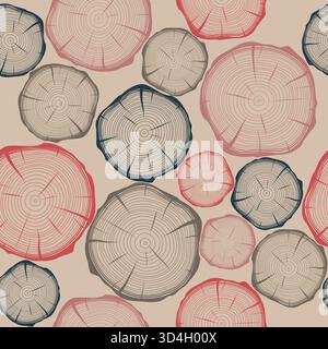 Nahtloses Muster Für Holzscheiben. Vektorhintergrund mit Baumringen und Querschnitttextur. Hand gezeichnete natürliche Holz-Illustration für Stoff, Wallpaper Stock Vektor