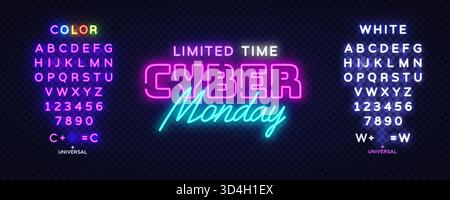 Leuchtendes, zeitlich begrenztes Cyber Monday-Schild mit bearbeitbaren Neonbuchstaben und -Zahlen, ideal für dringende Werbebanner und Marketinggrafiken. Vektor Stock Vektor