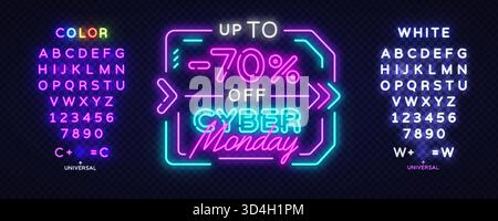 Neon Cyber Monday Rabattbanner mit leuchtenden Buchstaben und Zahlen für bearbeitbaren Text, perfekt für die individuelle Gestaltung digitaler Anzeigen. Vektorabbildung Stock Vektor