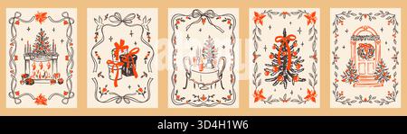 Set mit Grußkarten für frohe Weihnachten und Happy New Year. Handgezeichnete kritzelnde, skurrile Weihnachtsplakate, Drucke, feierliche Einladungen mit Christm Stock Vektor