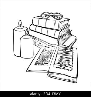 Vektorskizze Bücher und Kerzen. Strichillustration eines Vintage-Buches und Kerzen. Konturzeichnung von Vintage-Literatur und Seiten. Schwarz-weiß Stock Vektor