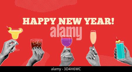 Weihnachtsgetränk-Collage. Hände halten Alkohol trinken Glas, Happy New Year Cheers Xmas Cocktail Party Hand halten Wein Champagner Feiertag Feier ha Stock Vektor