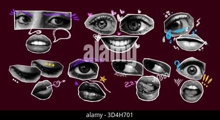 Augen-Mund-Collage. Weibliche Augenlippen Halbton Pop Art Punk y2k Aufkleber, trauriger Schrei glückliche Überraschung Frau Gesicht Retro Cutout Magazin Papier Collagen, Realis Stock Vektor