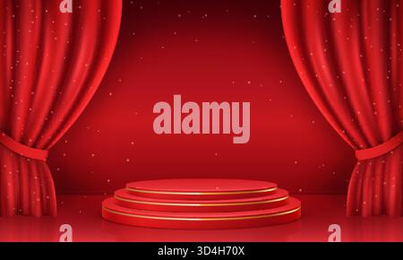 Realistisches rotes Podium. Elegante Plattform mit Seidenvorhängen, Kosmetikartikelpräsentation Podest Bühne Gold Glitzer abstrakter Stand Luxus bac Stock Vektor