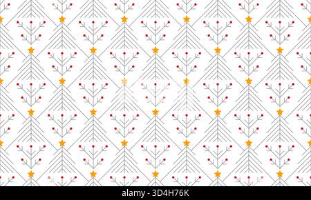 Nahtloser Vektor lineares geometrisches Muster von Winterbäumen. Graue Linie goldener Stern Weihnachtsbaum Art Deco Hintergrund. Fichten Bäume gestalten Geschenkpapier Stock Vektor
