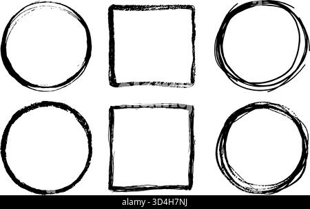 Set aus sechs handgezeichneten schwarzen Kreisen und Quadraten im grunge-Tintenstil auf weißem Hintergrund, Konzept von Designelementen und Skizzenrahmen Stock Vektor