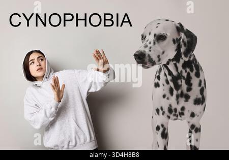 Verängstigte Frau, die an Zynophobie leidet, grauer Hintergrund. Pathologische Angst bei Hunden Stockfoto