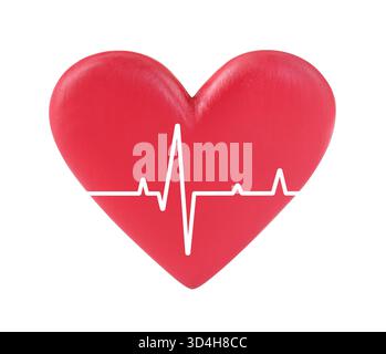 Kardiologie, Gesundheitsdienst. Rotes Herz mit Pulslinie auf weißem Hintergrund Stockfoto